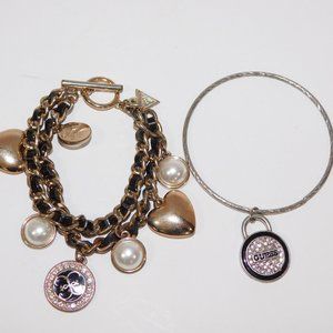 Set 2 GUESS Bracelets Bangle & Charm Gold Silver Tone hearts half Pearl Jewelry